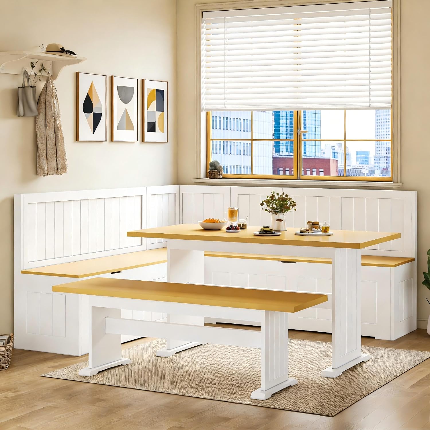 White Storage Reversible L Shaped Corner Breakfast Nook Set