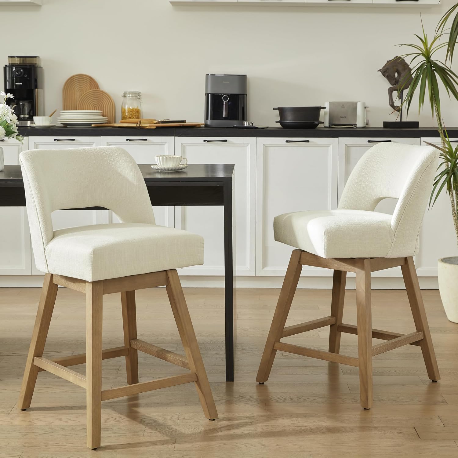 Beige Rubberwood Swivel Bar Stools Set of 2