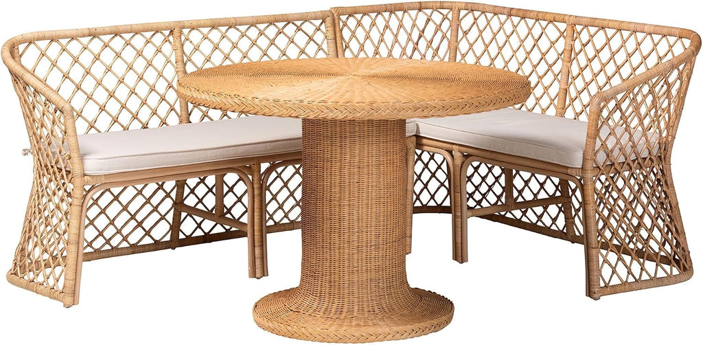 Natural Rattan 3-Piece Corner Nook Set
