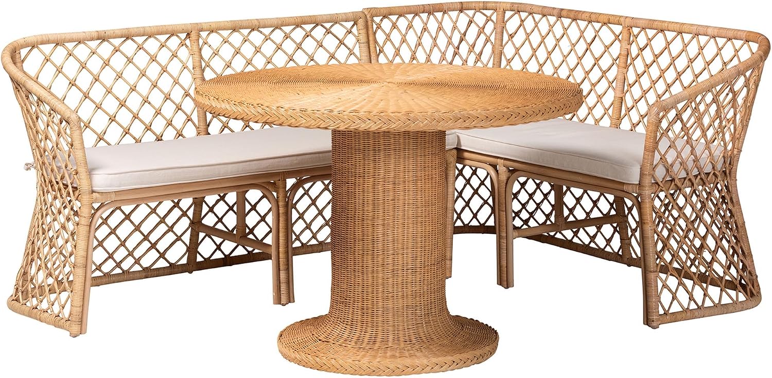 Natural Rattan 3-Piece Corner Nook Set