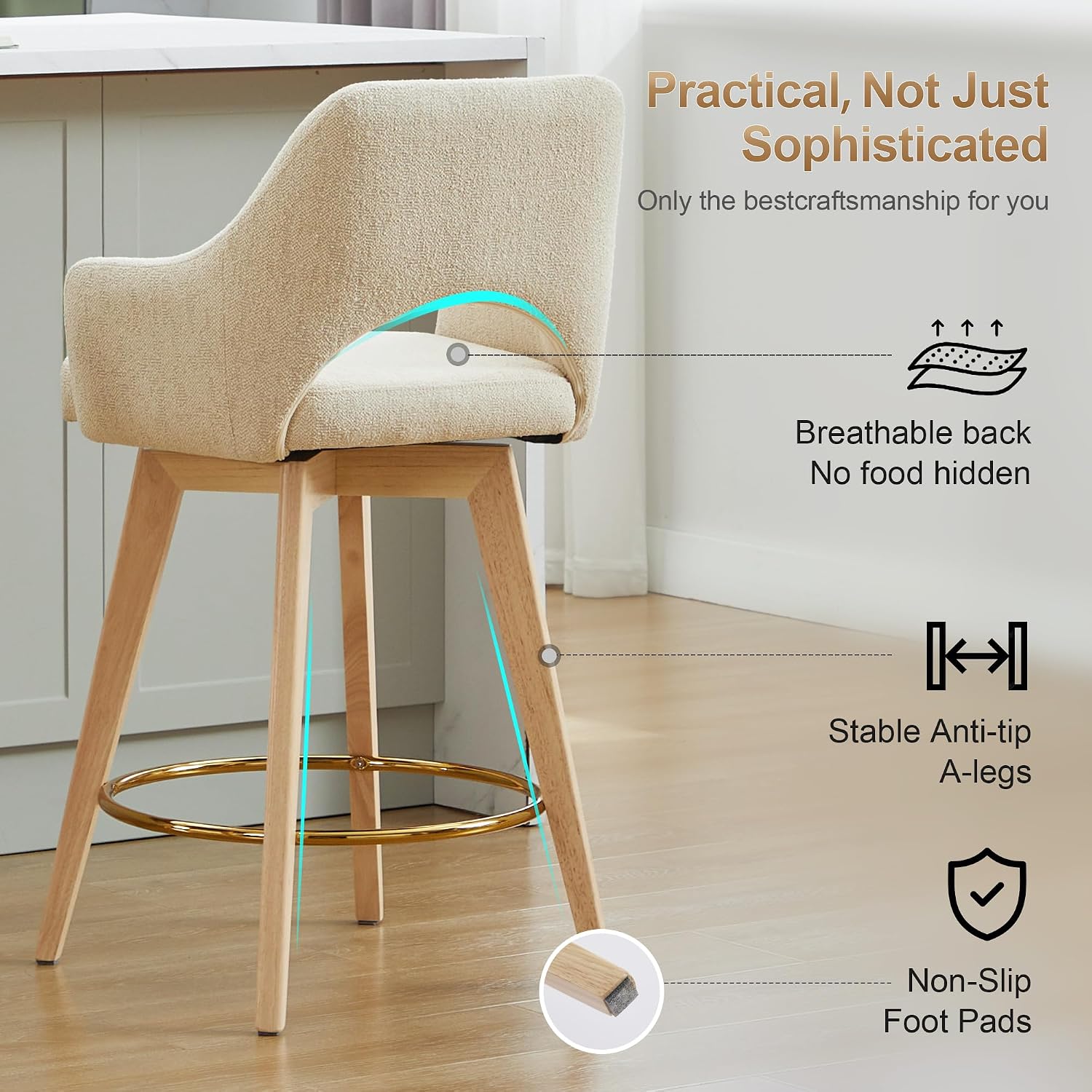 Beige Linen Wood Arm Bar Stools Set of 4