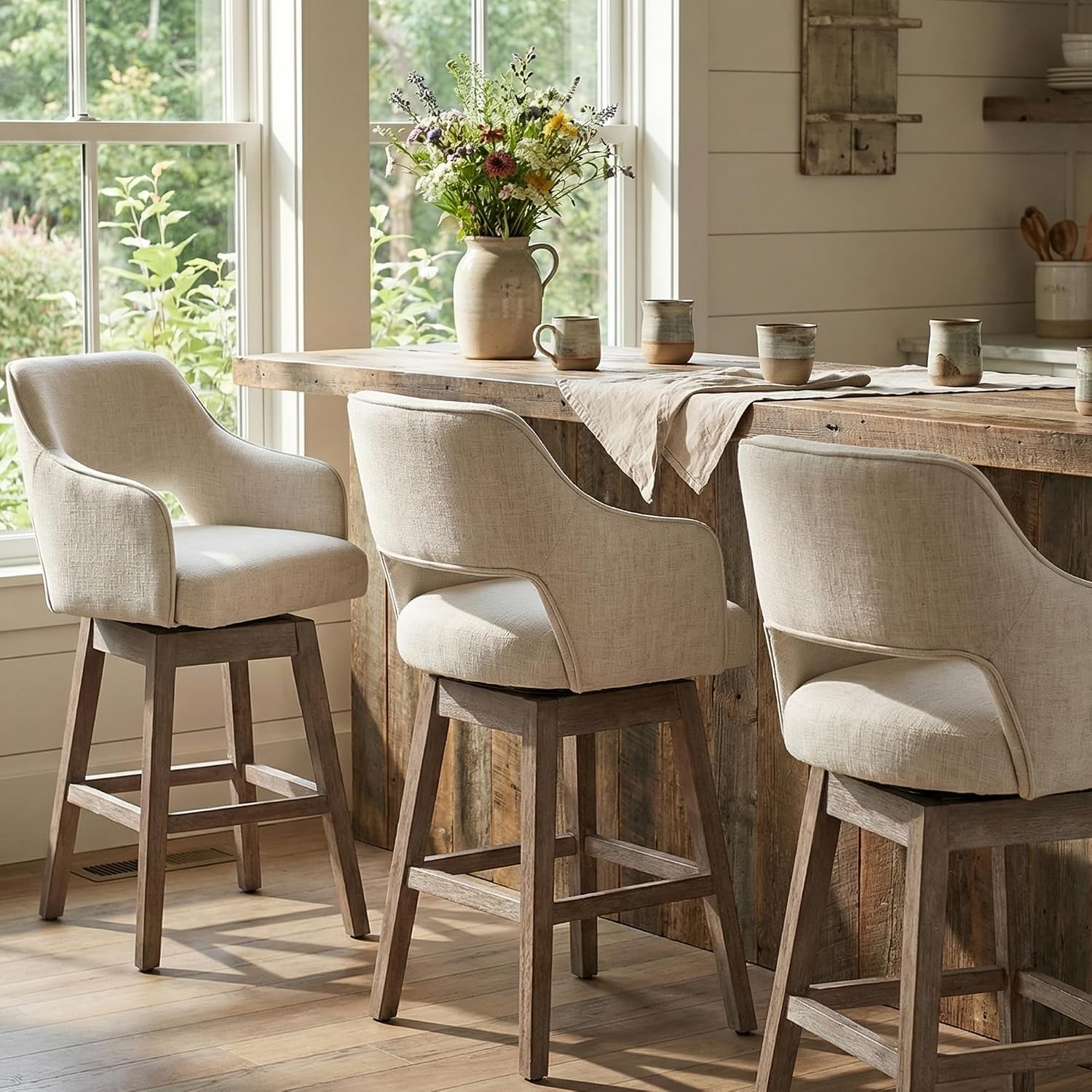 Beige Linen Farmhouse Swivel Bar Stools Set of 3