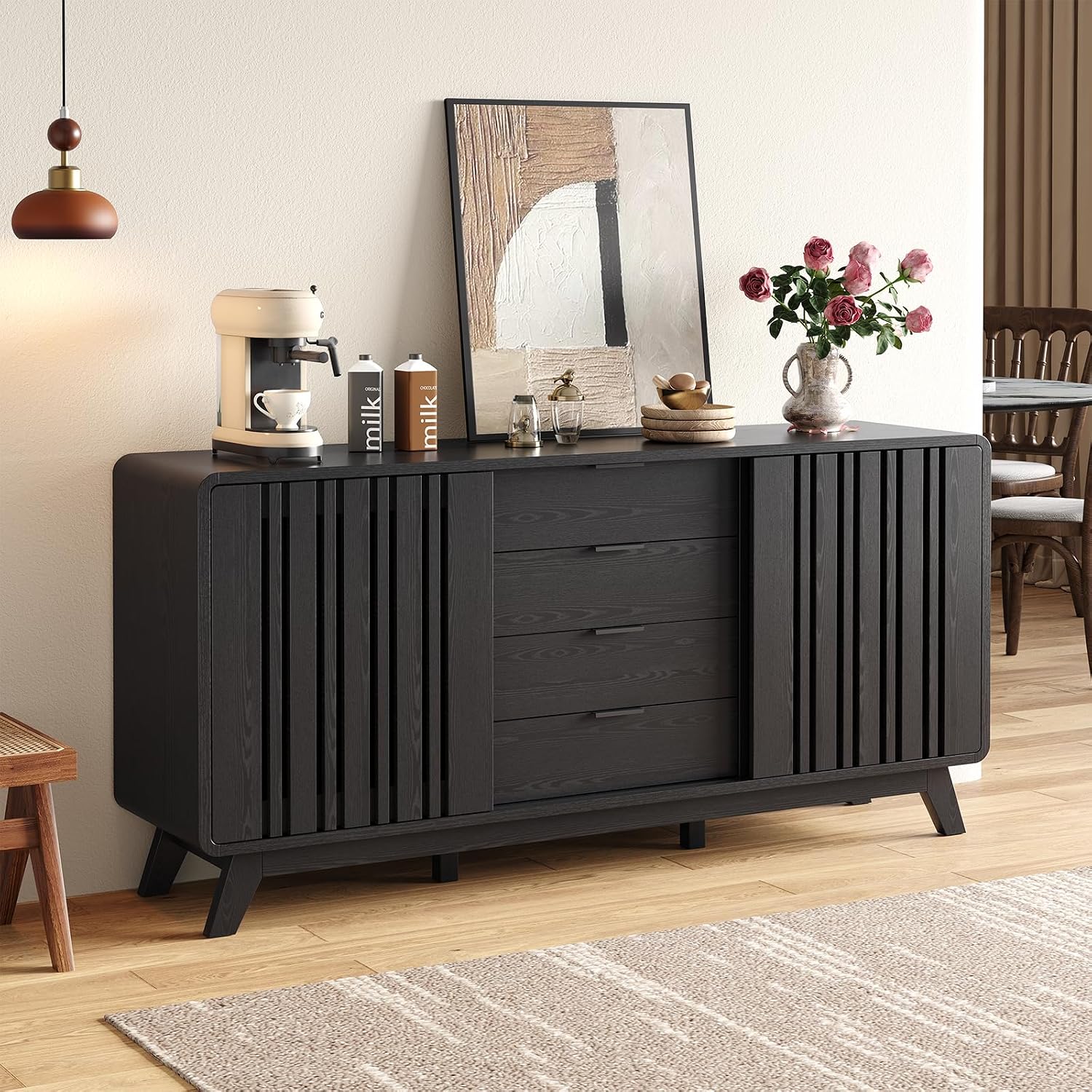 Black Fluted Sideboard Buffet Cabinet