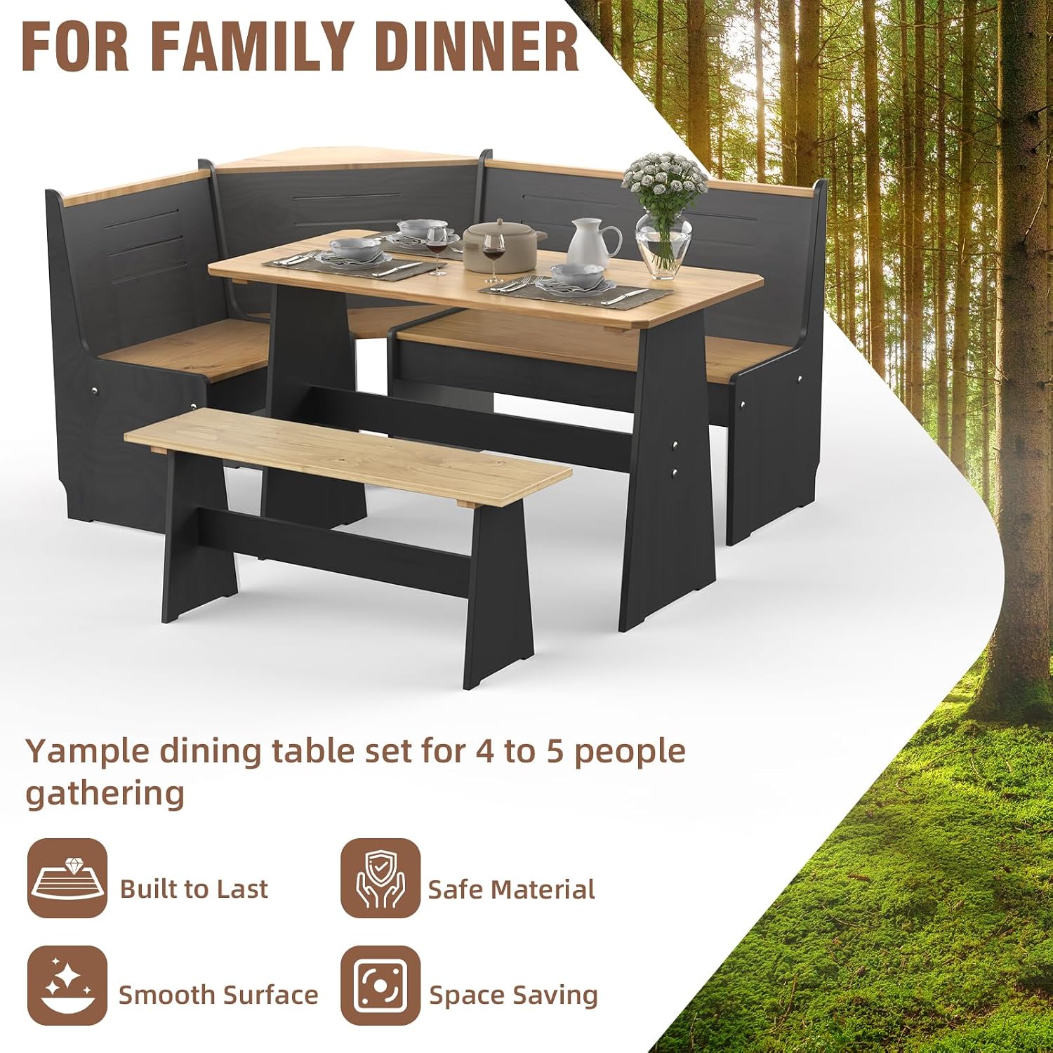 L Shaped Black Bench Corner Dining Nook Set