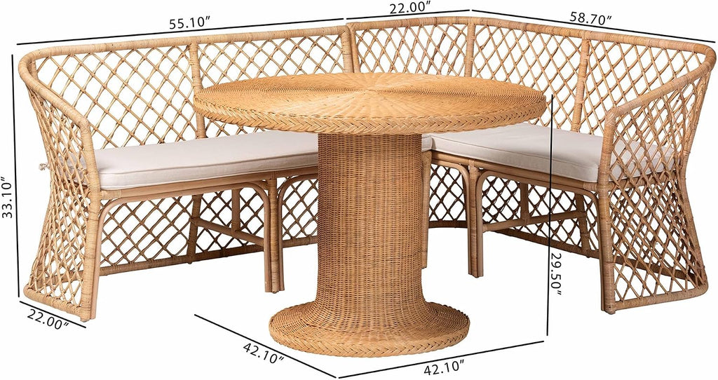Natural Rattan 3-Piece Corner Nook Set