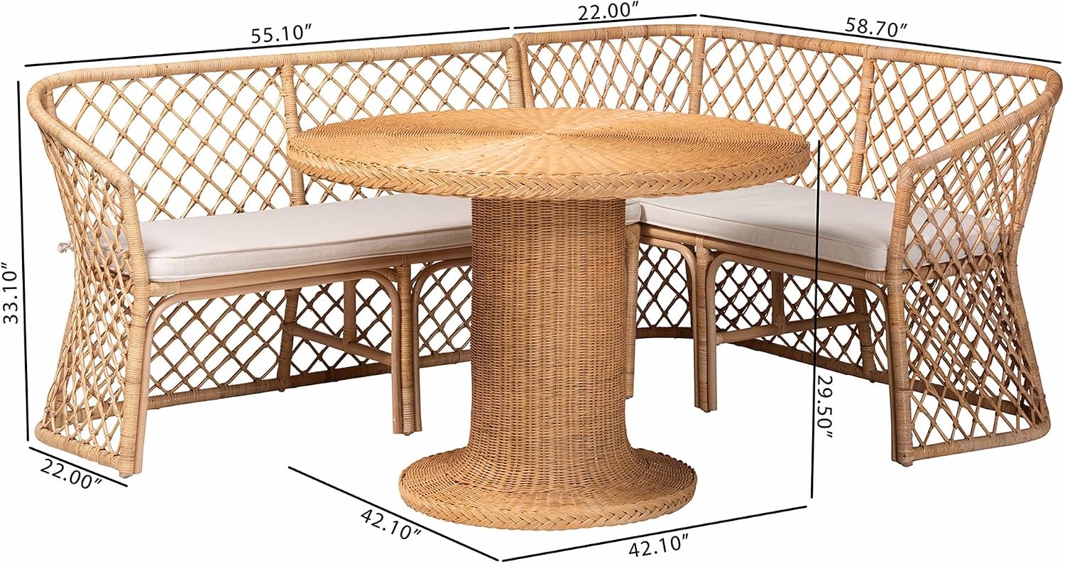 Natural Rattan 3-Piece Corner Nook Set
