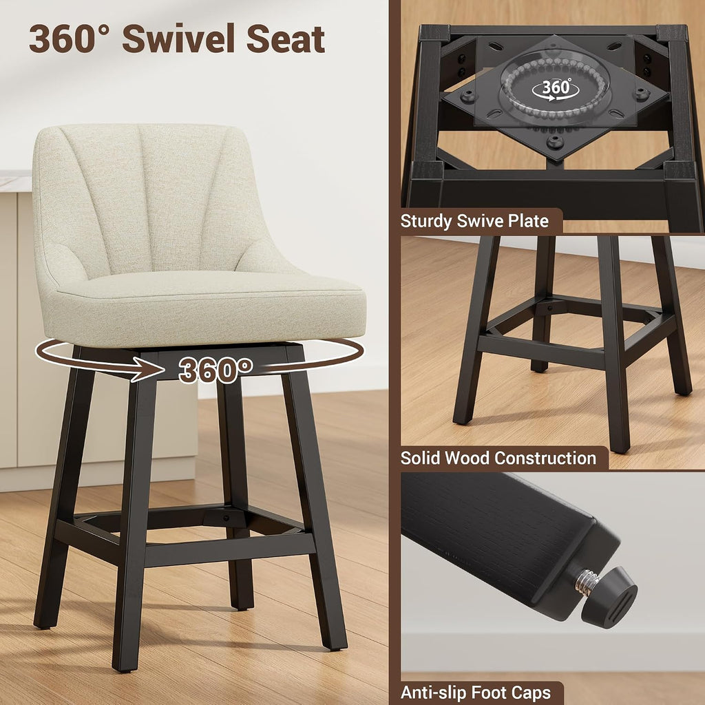 Beige Linen Square Wood Swivel Bar Stools Set of 2