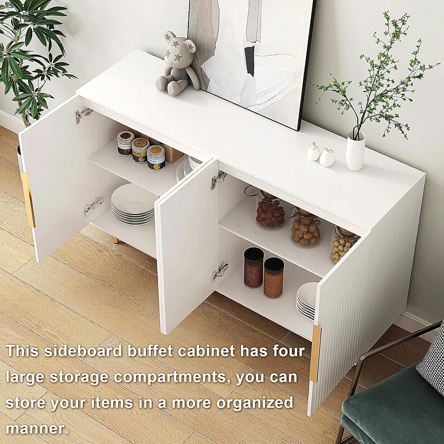 White Fluted Storage Buffet Cabinet