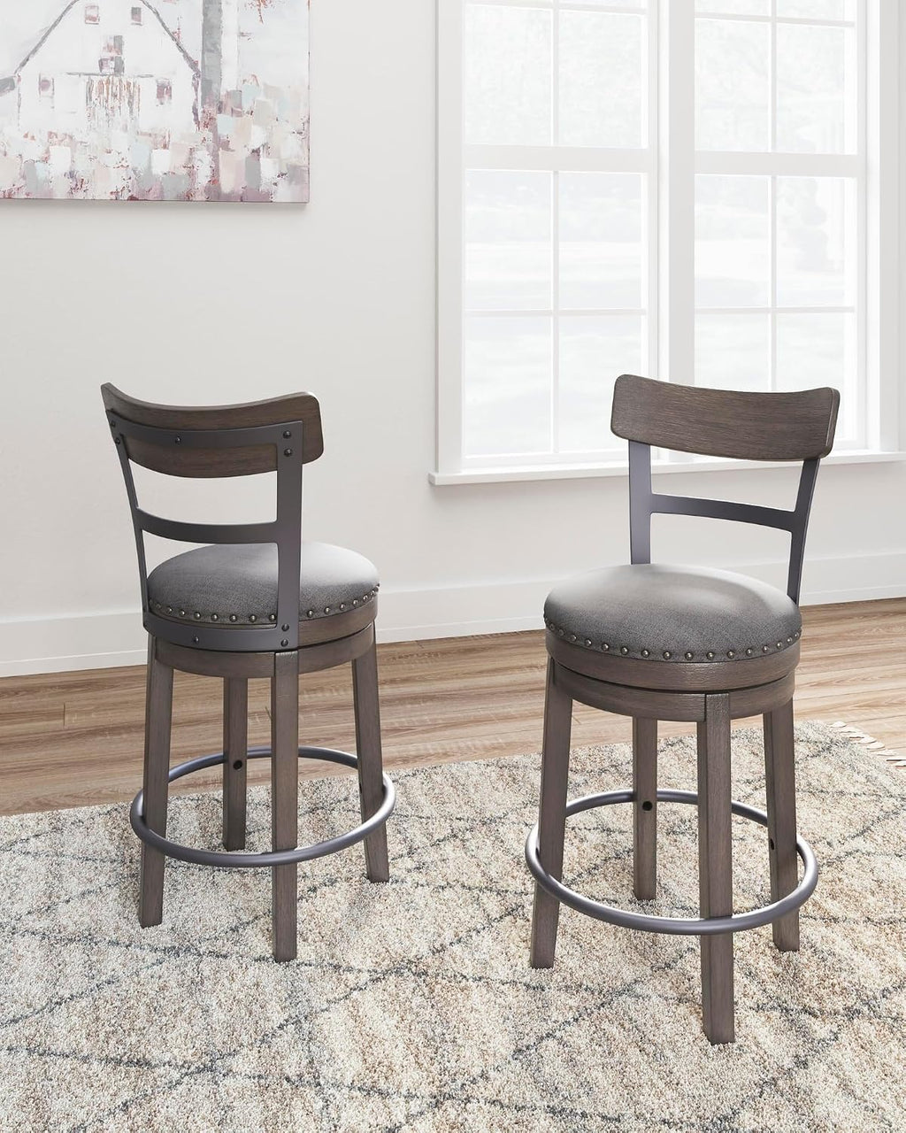 Gray Nailhead Farmhouse Swivel Counter Barstool