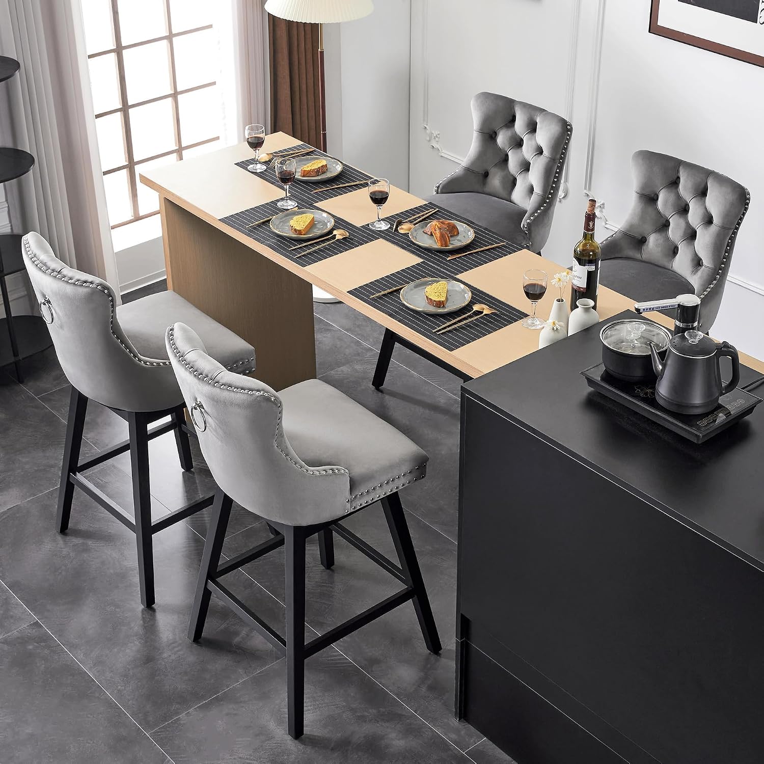 Grey Velvet Wood Swivel Bar Stools Set of 4