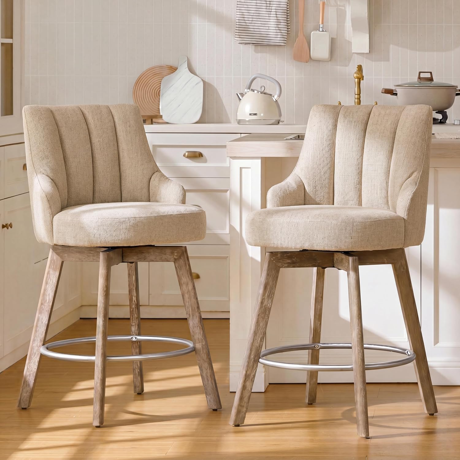 Sand Linen Swivel Bar Stools Set of 2