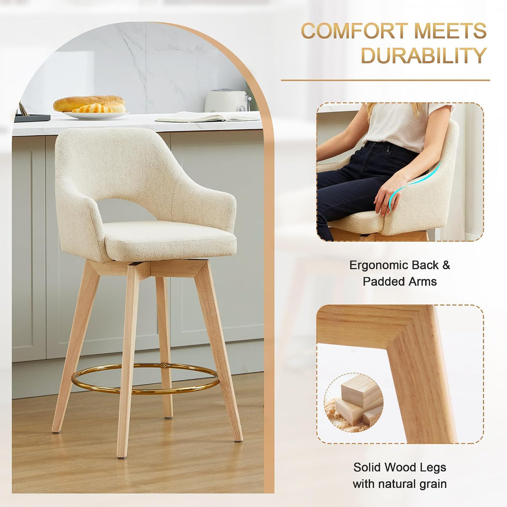 Beige Linen Wood Arm Bar Stools Set of 4