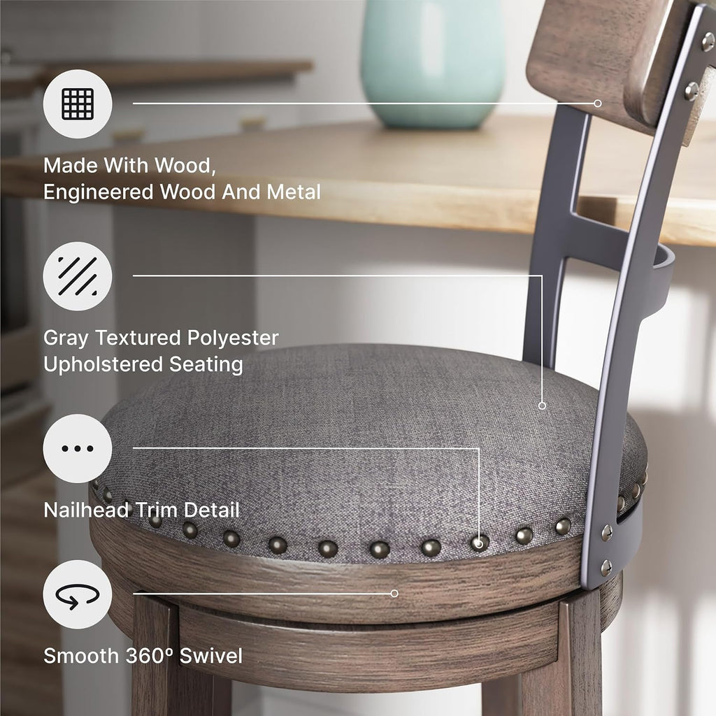 Gray Nailhead Farmhouse Swivel Counter Barstool