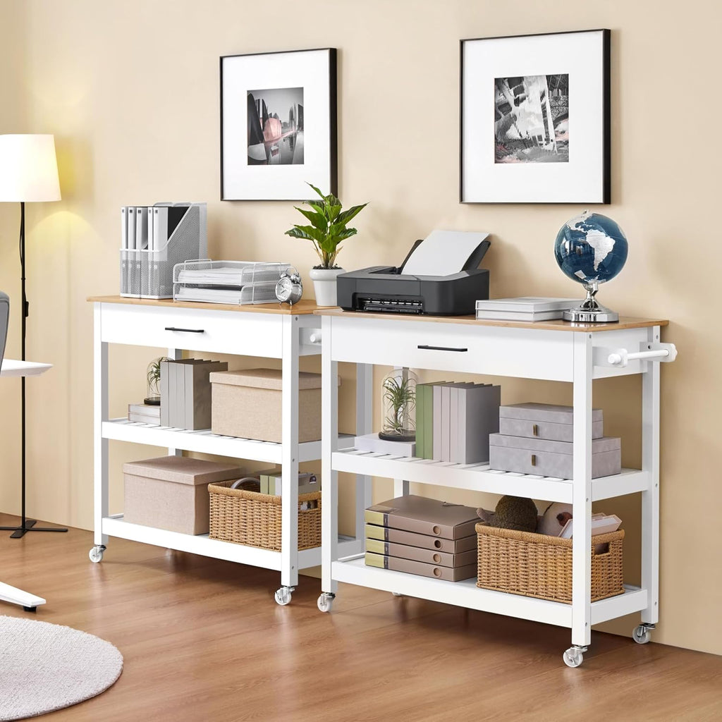 White Bamboo Top Rolling Kitchen Cart