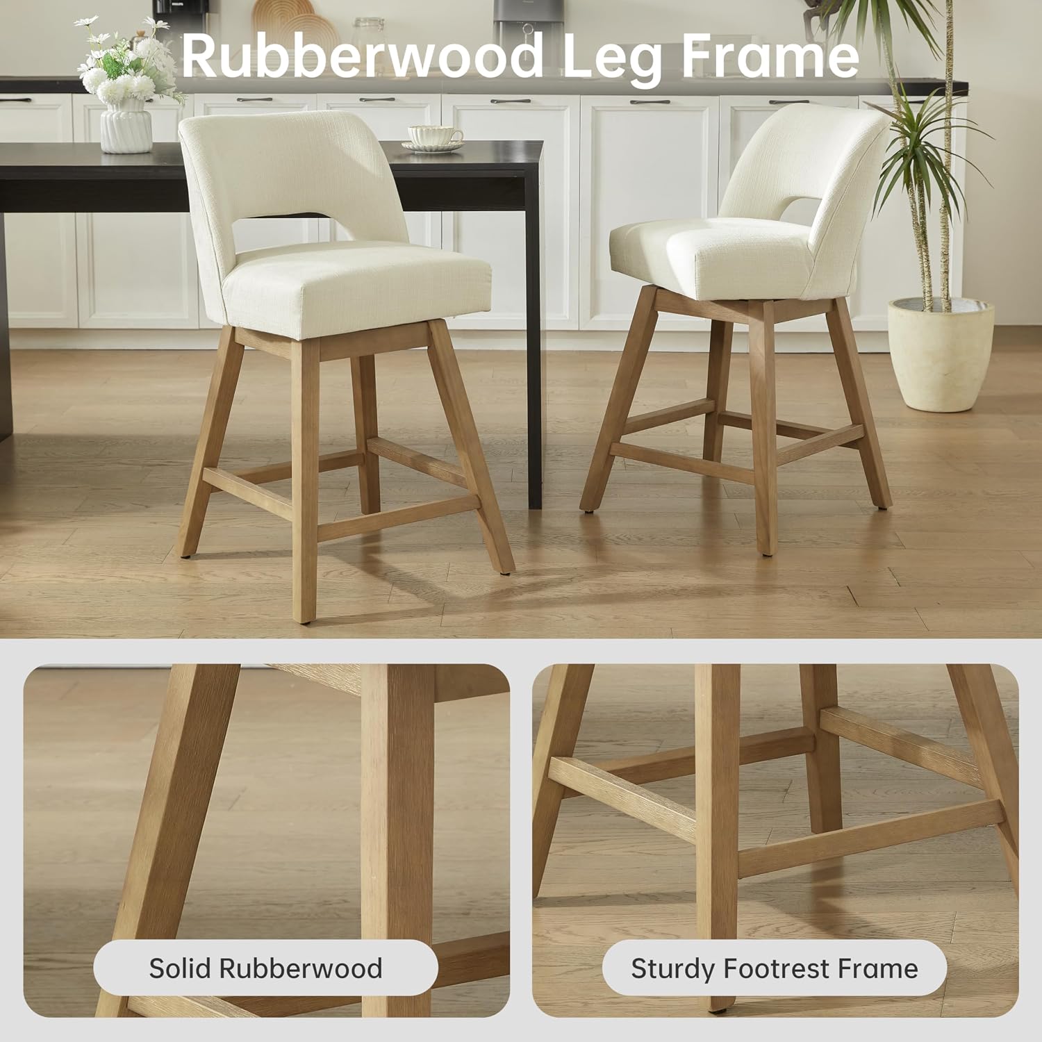 Beige Rubberwood Swivel Bar Stools Set of 2