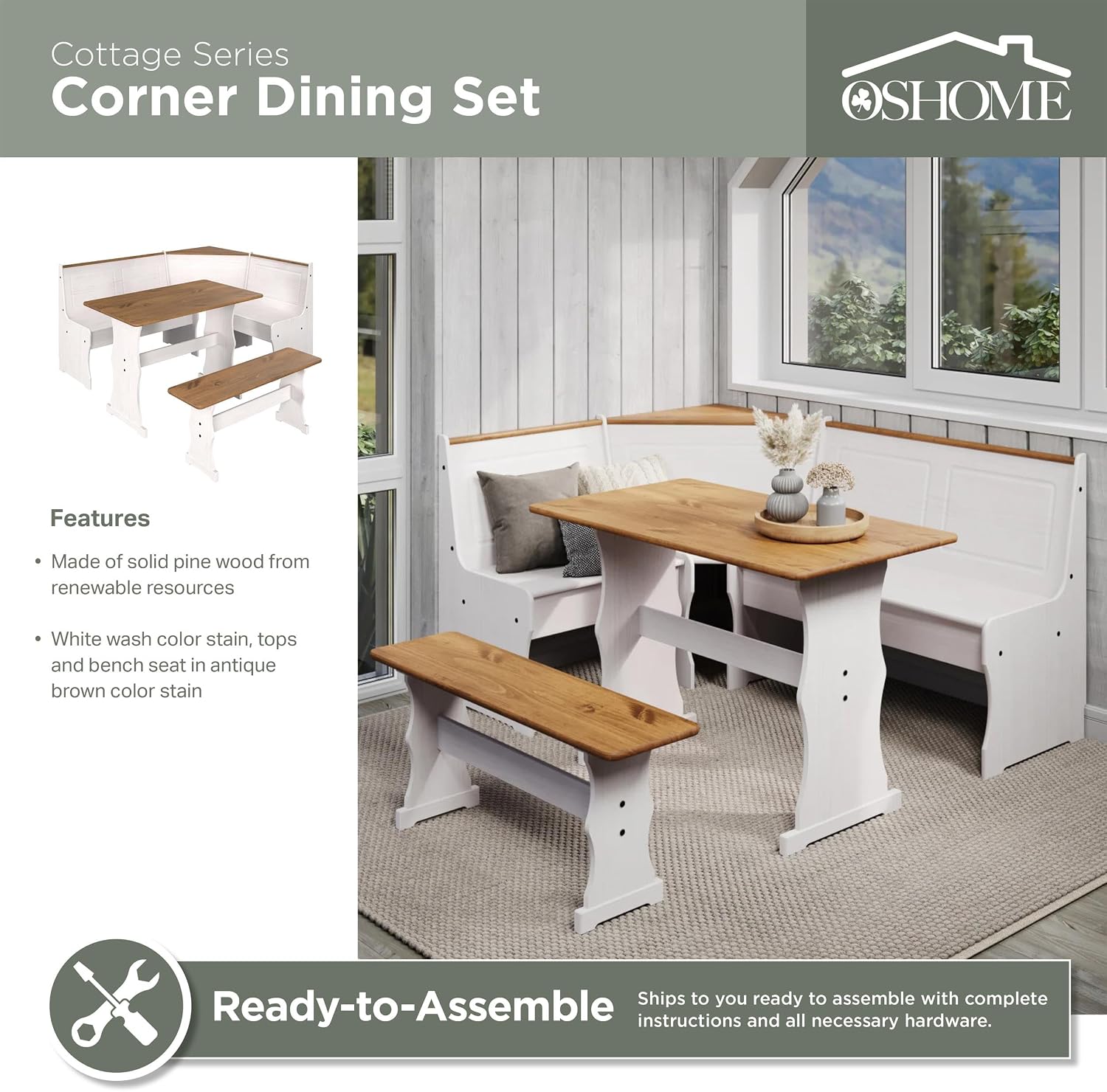 White Solid Pine Corner Dining Booth