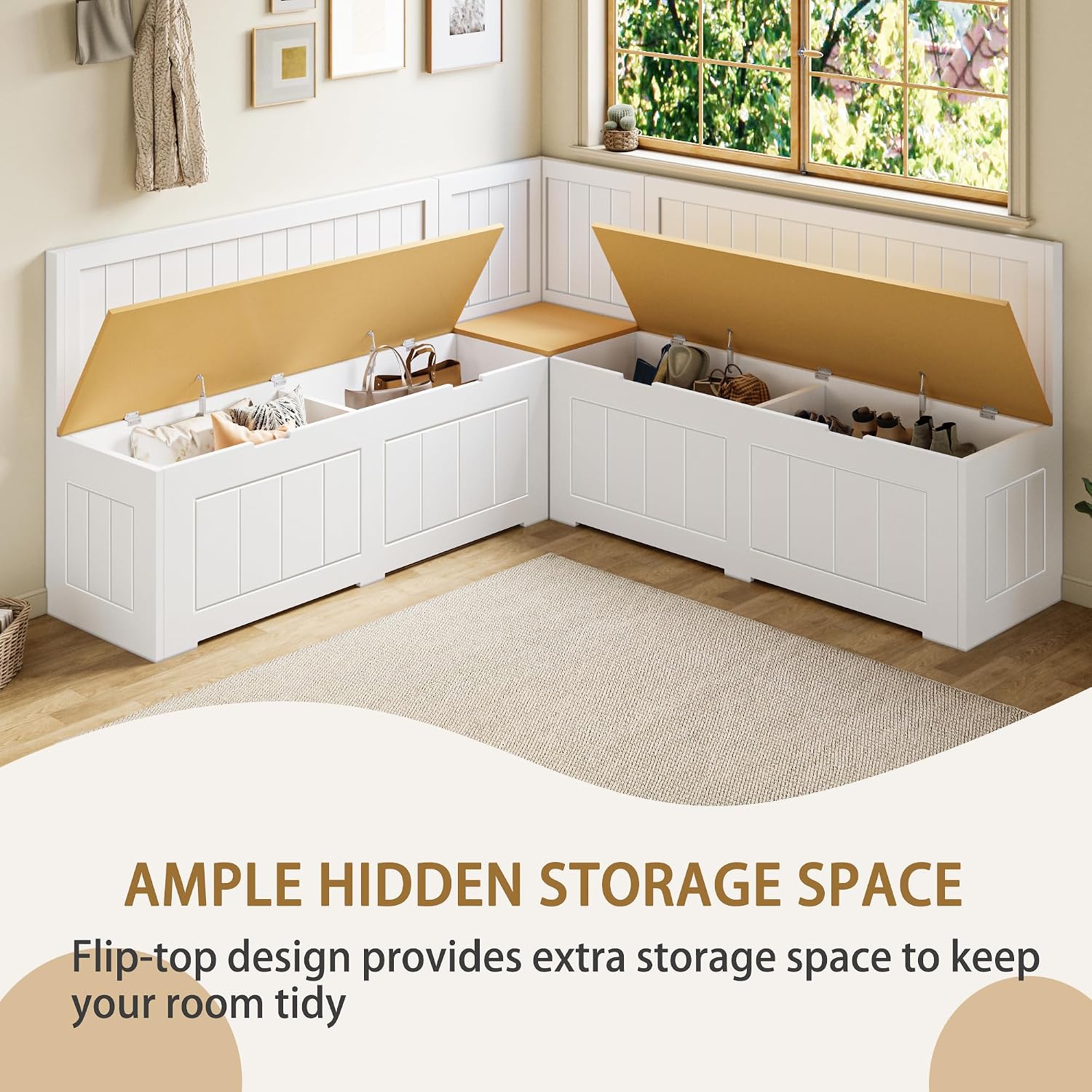 White Storage Reversible L Shaped Corner Breakfast Nook Set