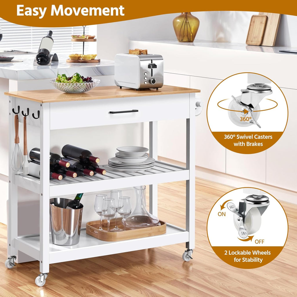 White Bamboo Top Rolling Kitchen Cart