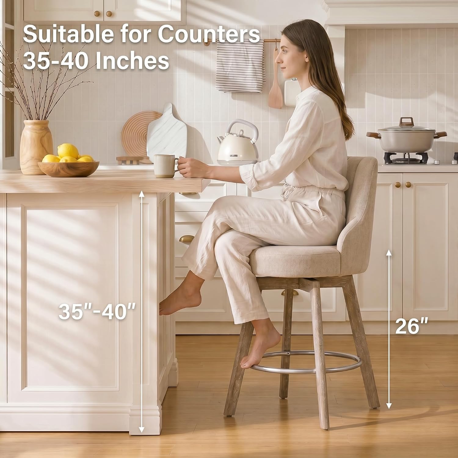 Sand Linen Swivel Bar Stools Set of 2