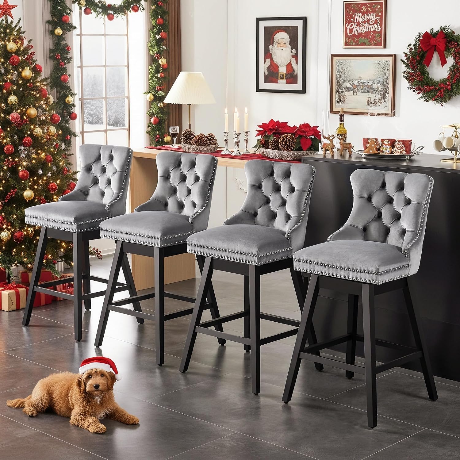 Grey Velvet Wood Swivel Bar Stools Set of 4