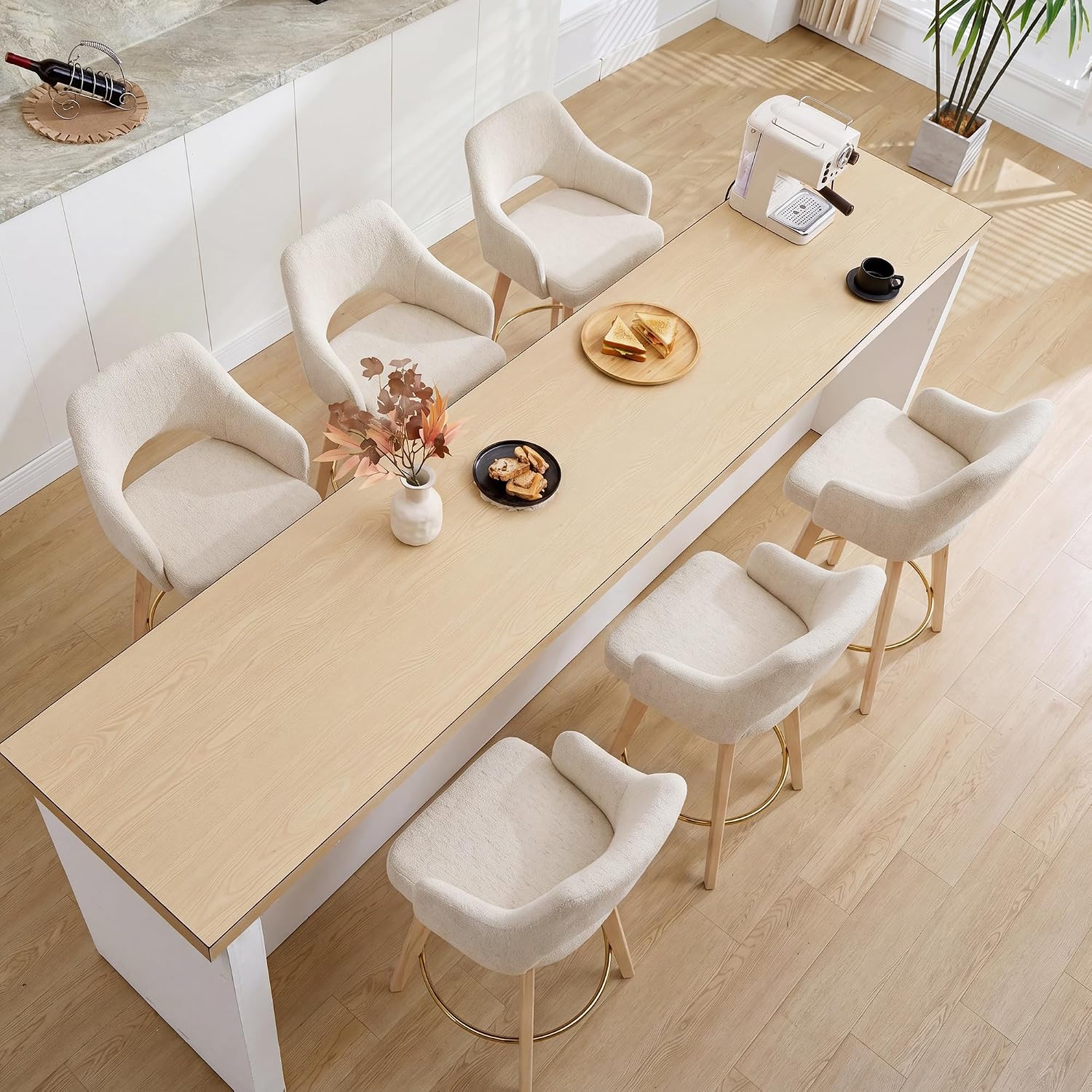 Beige Linen Wood Arm Bar Stools Set of 4