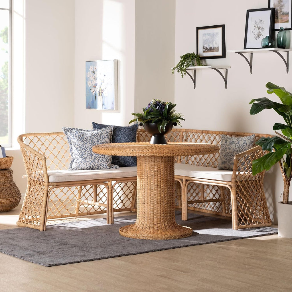 Natural Rattan 3-Piece Corner Nook Set