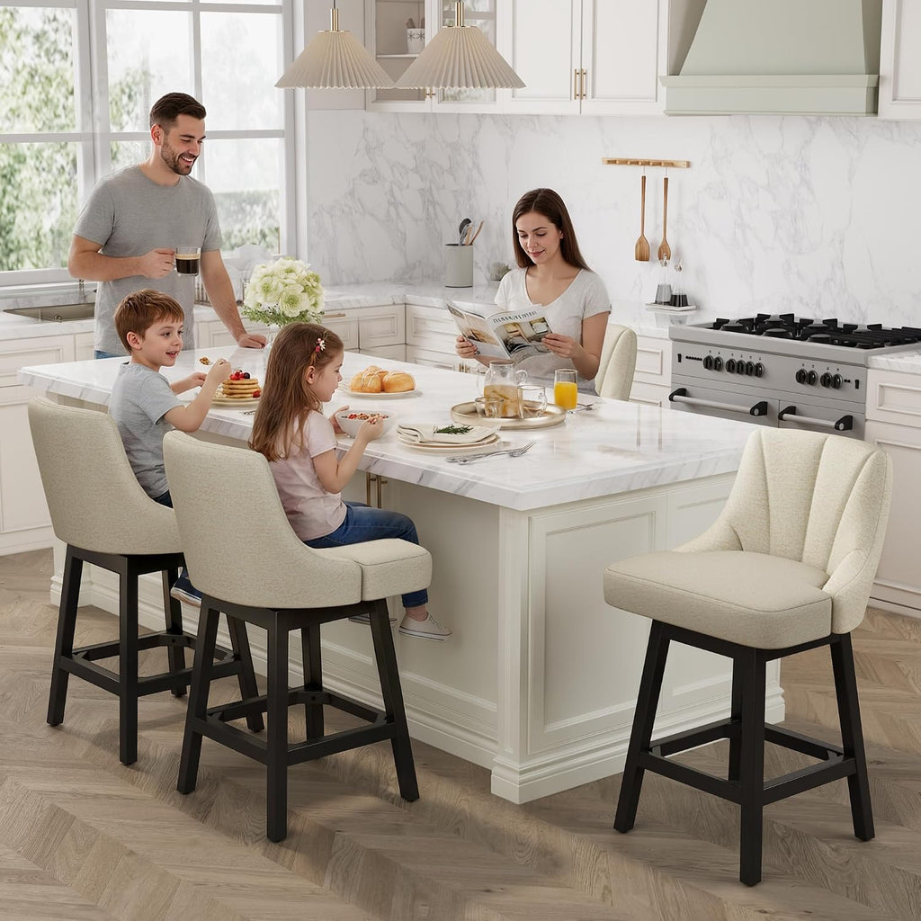 Beige Linen Square Wood Swivel Bar Stools Set of 2
