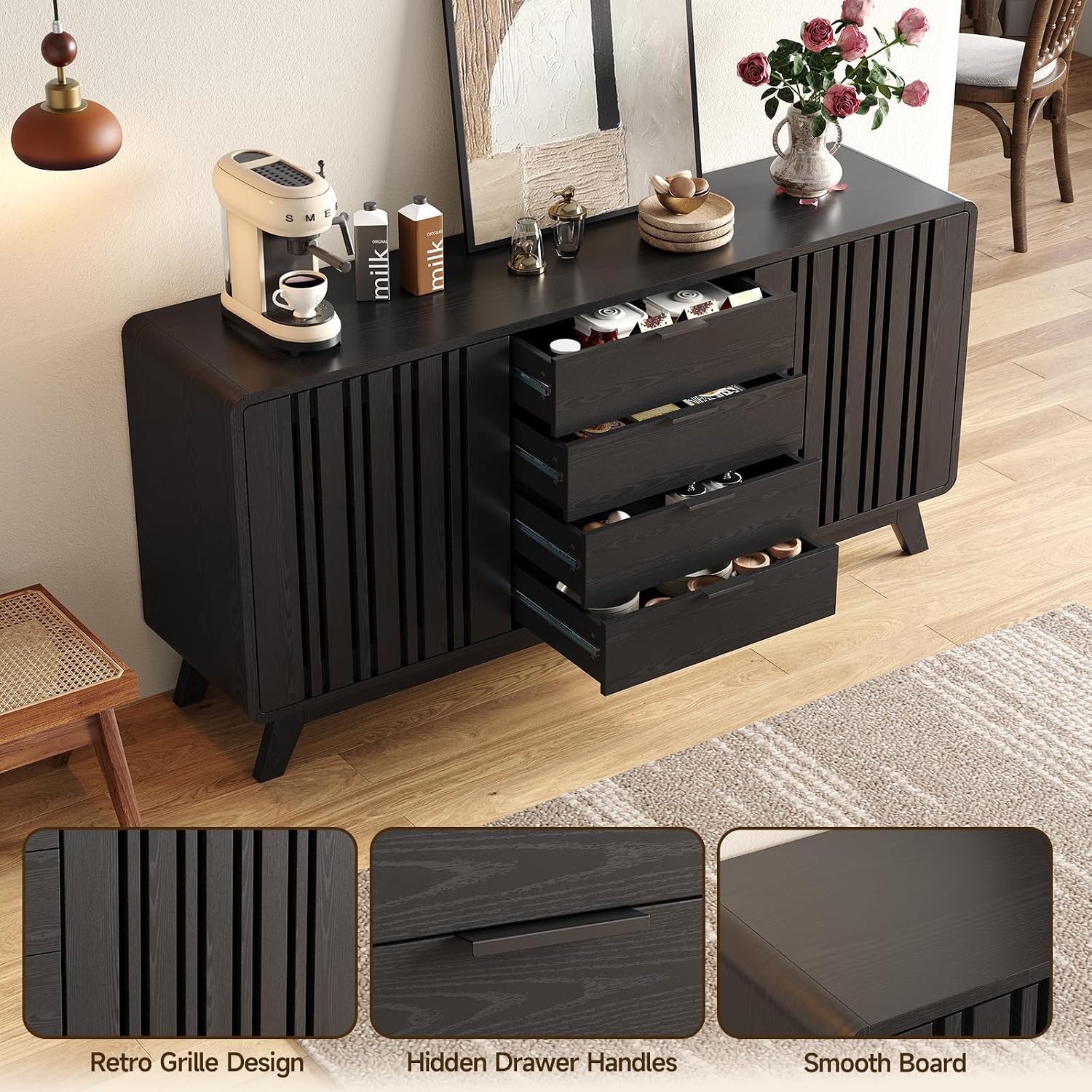 Black Fluted Sideboard Buffet Cabinet