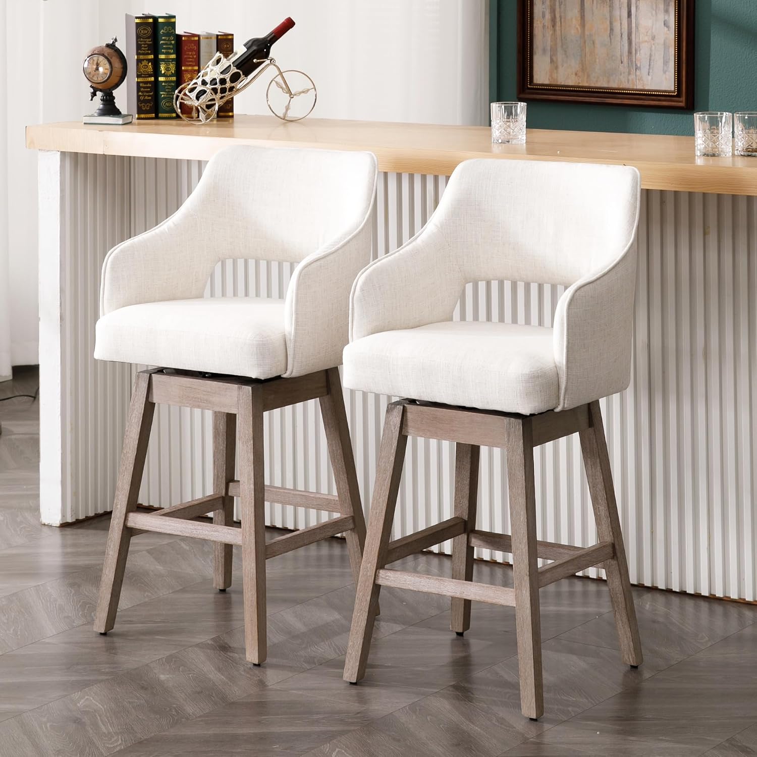 Beige Linen Farmhouse Swivel Bar Stools Set of 3
