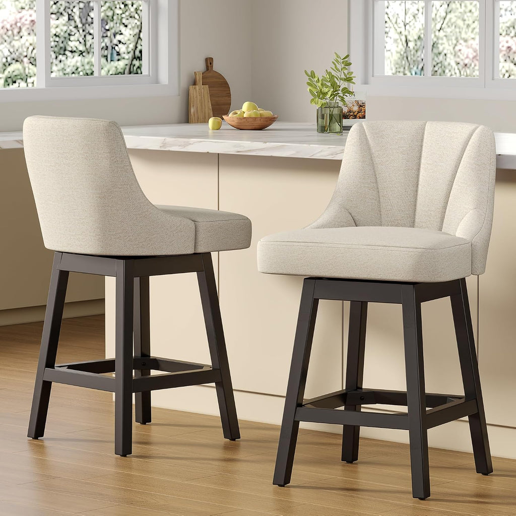 Beige Linen Square Wood Swivel Bar Stools Set of 2