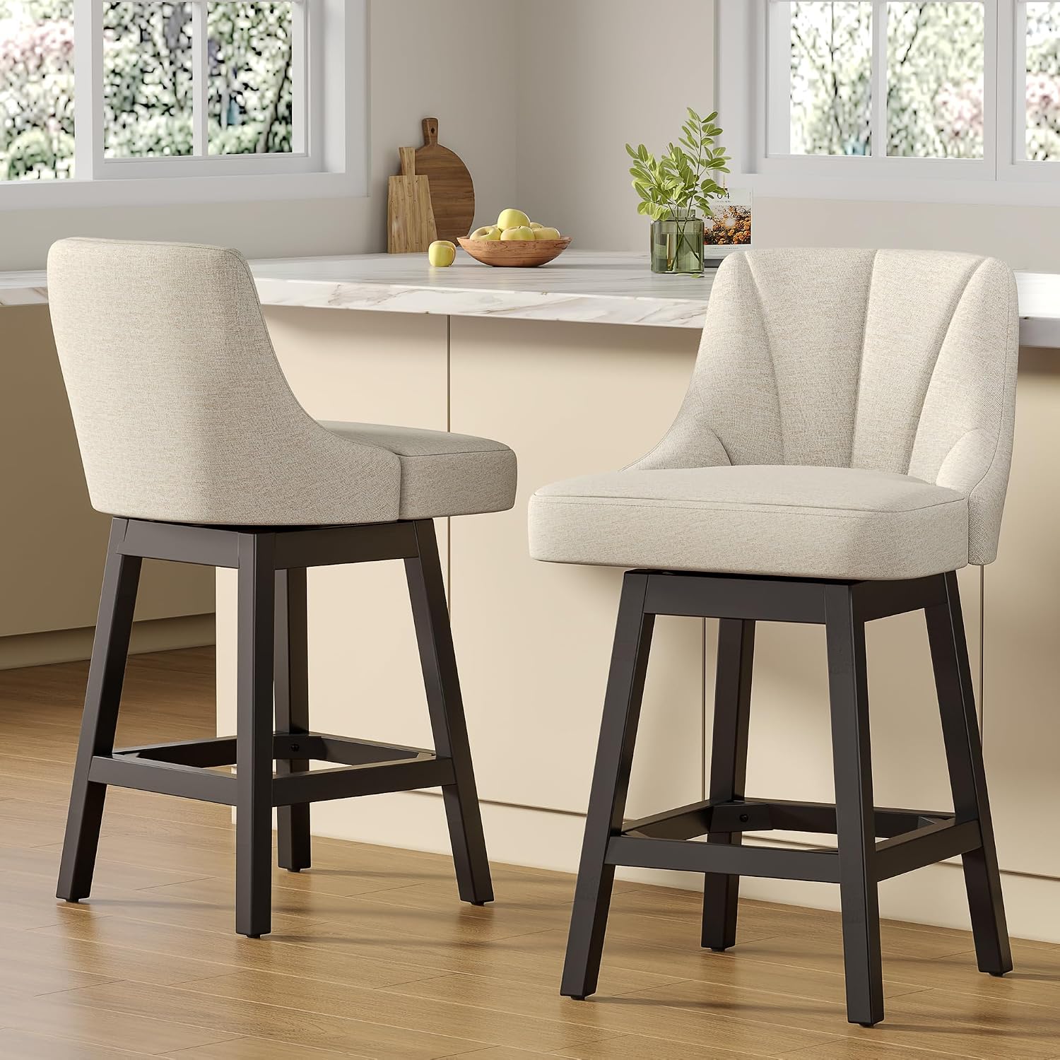 Beige Linen Square Wood Swivel Bar Stools Set of 2