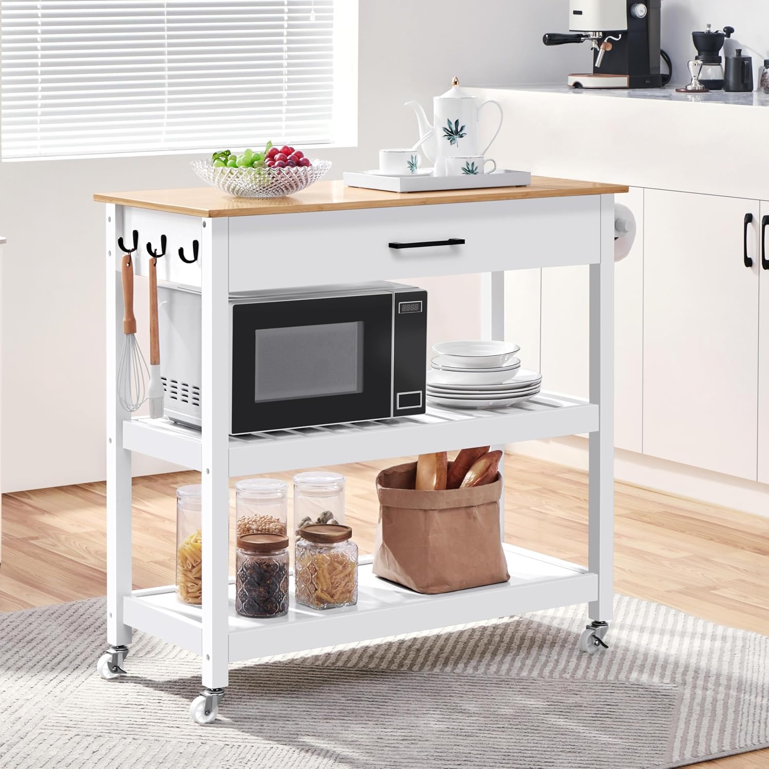 White Bamboo Top Rolling Kitchen Cart