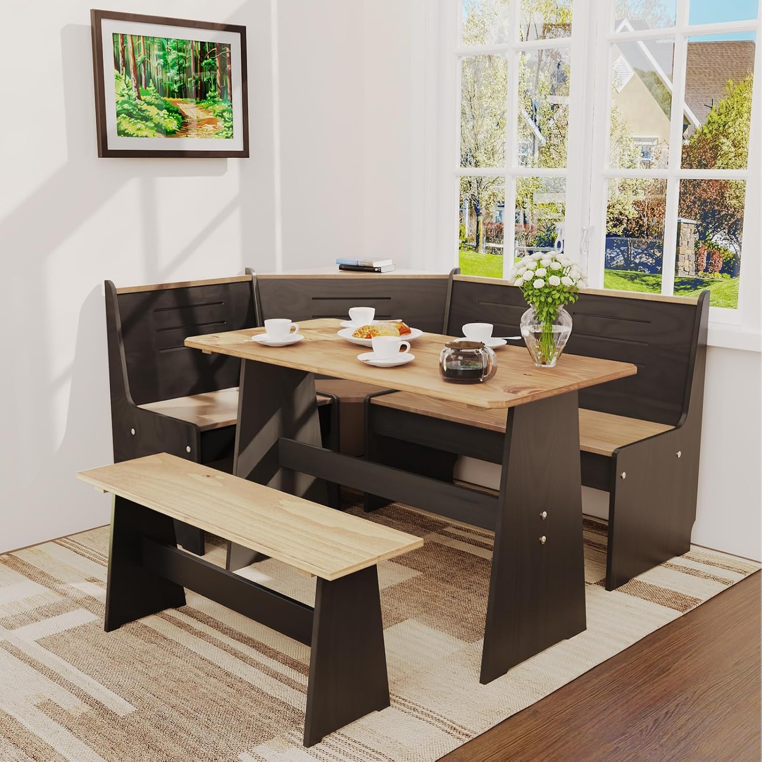 L Shaped Black Bench Corner Dining Nook Set