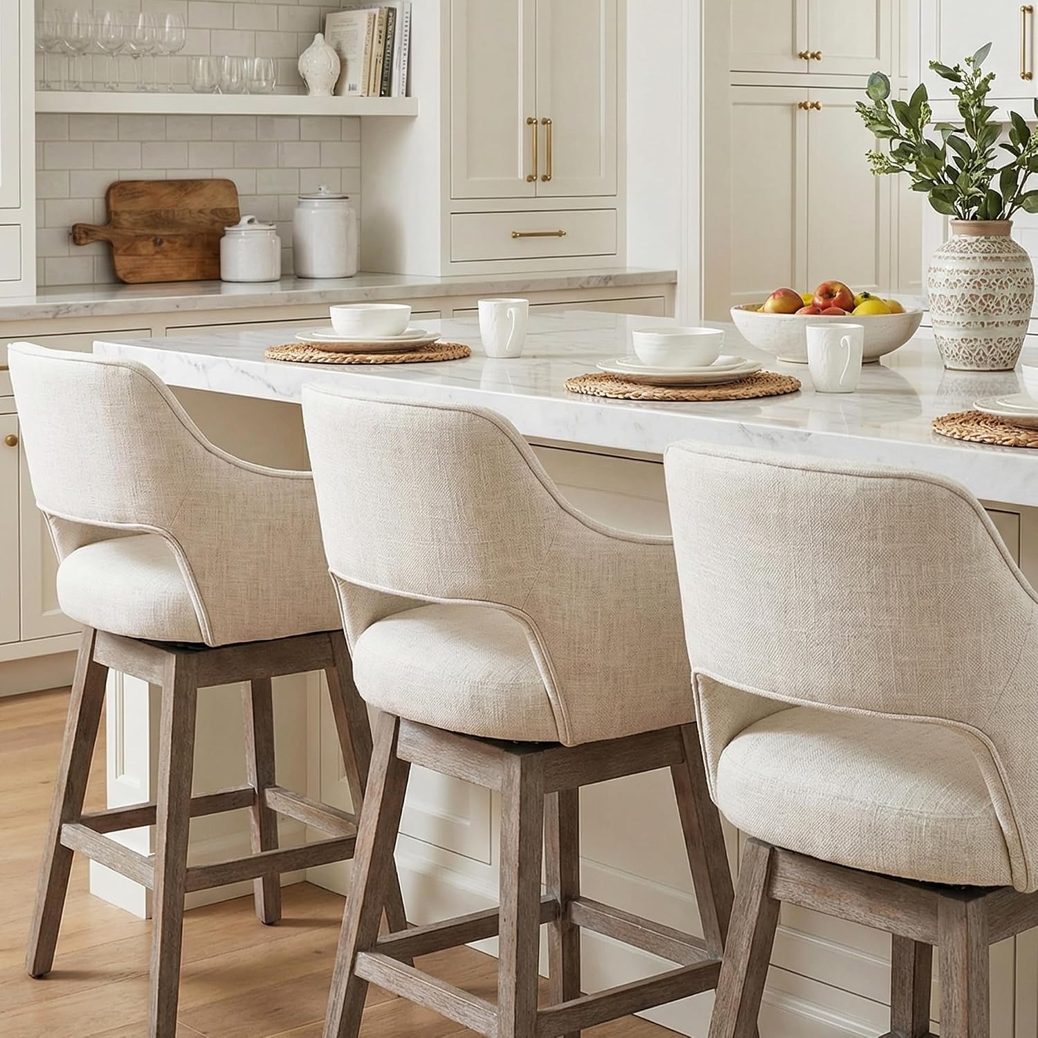 Beige Linen Farmhouse Swivel Bar Stools Set of 3