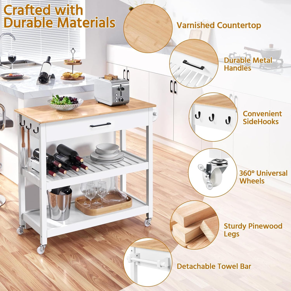White Bamboo Top Rolling Kitchen Cart