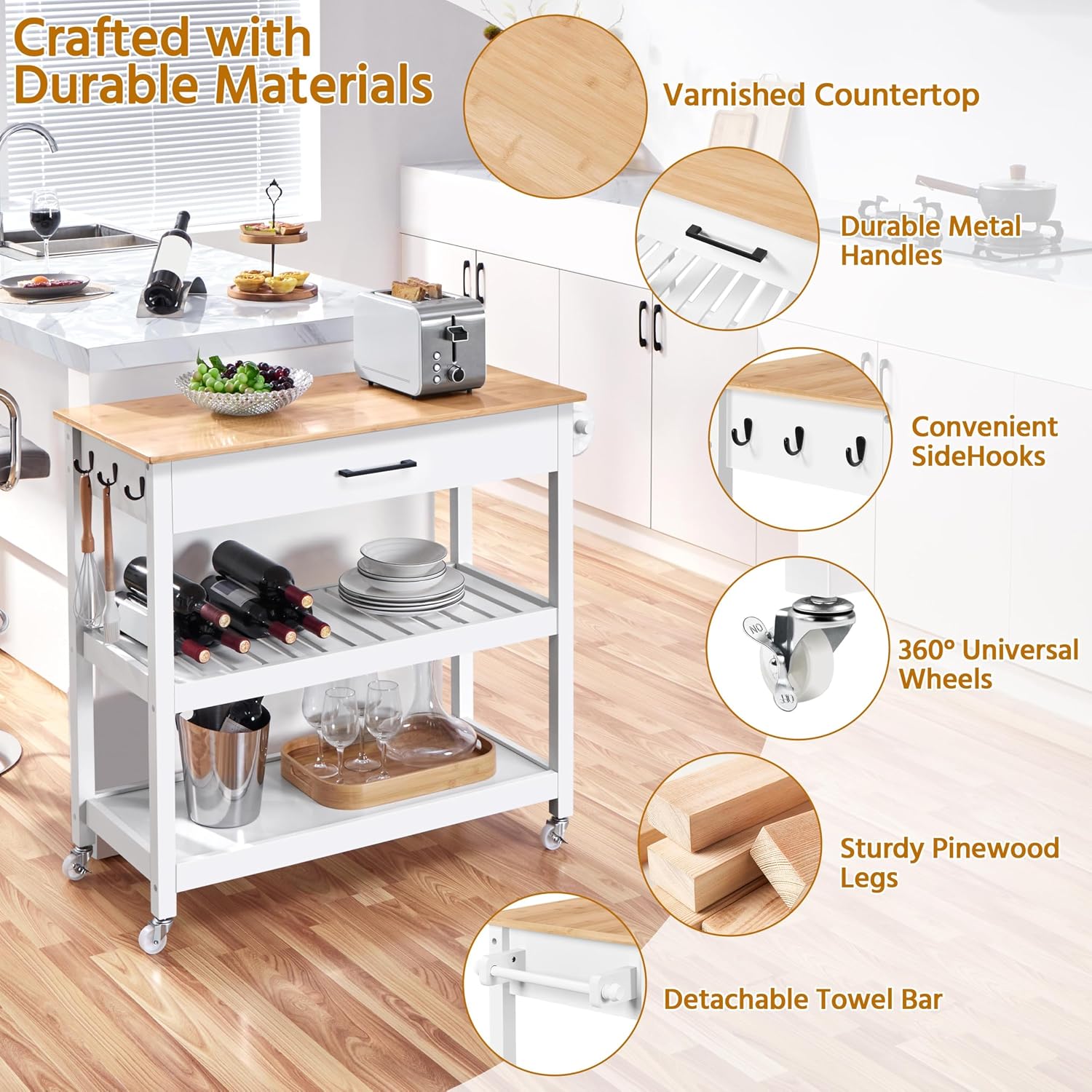 White Bamboo Top Rolling Kitchen Cart