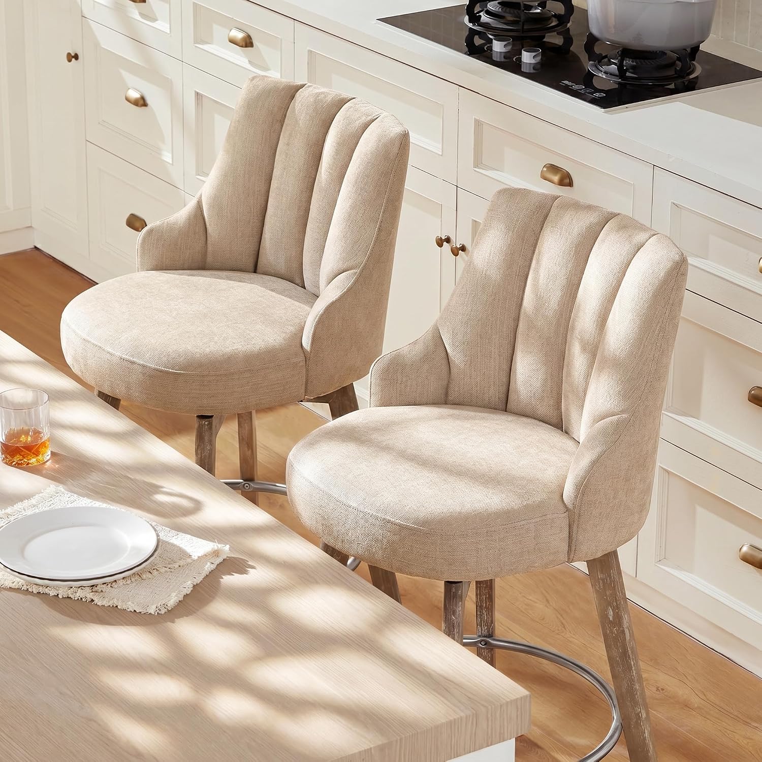 Sand Linen Swivel Bar Stools Set of 2
