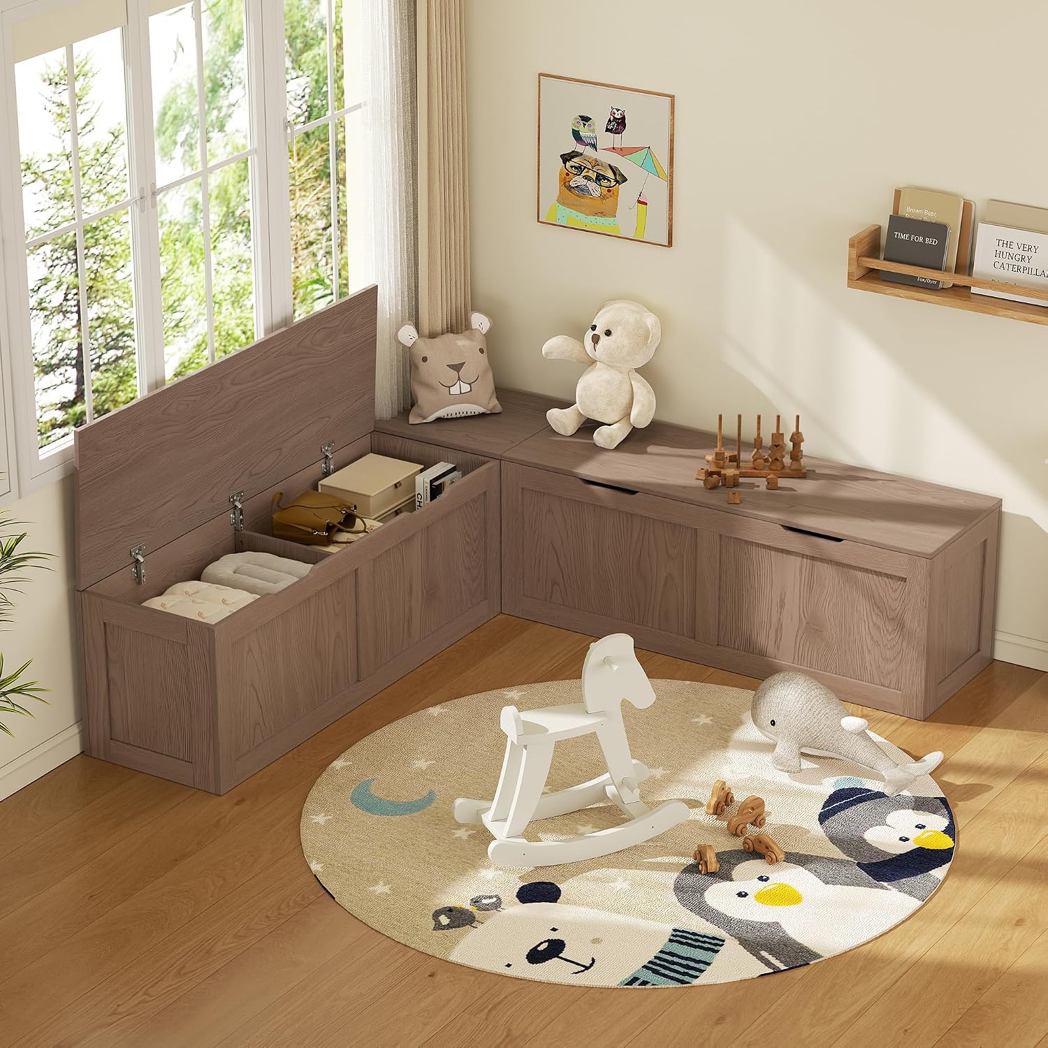 Cherry Brown Storage L Shaped Breakfast Nook Bench