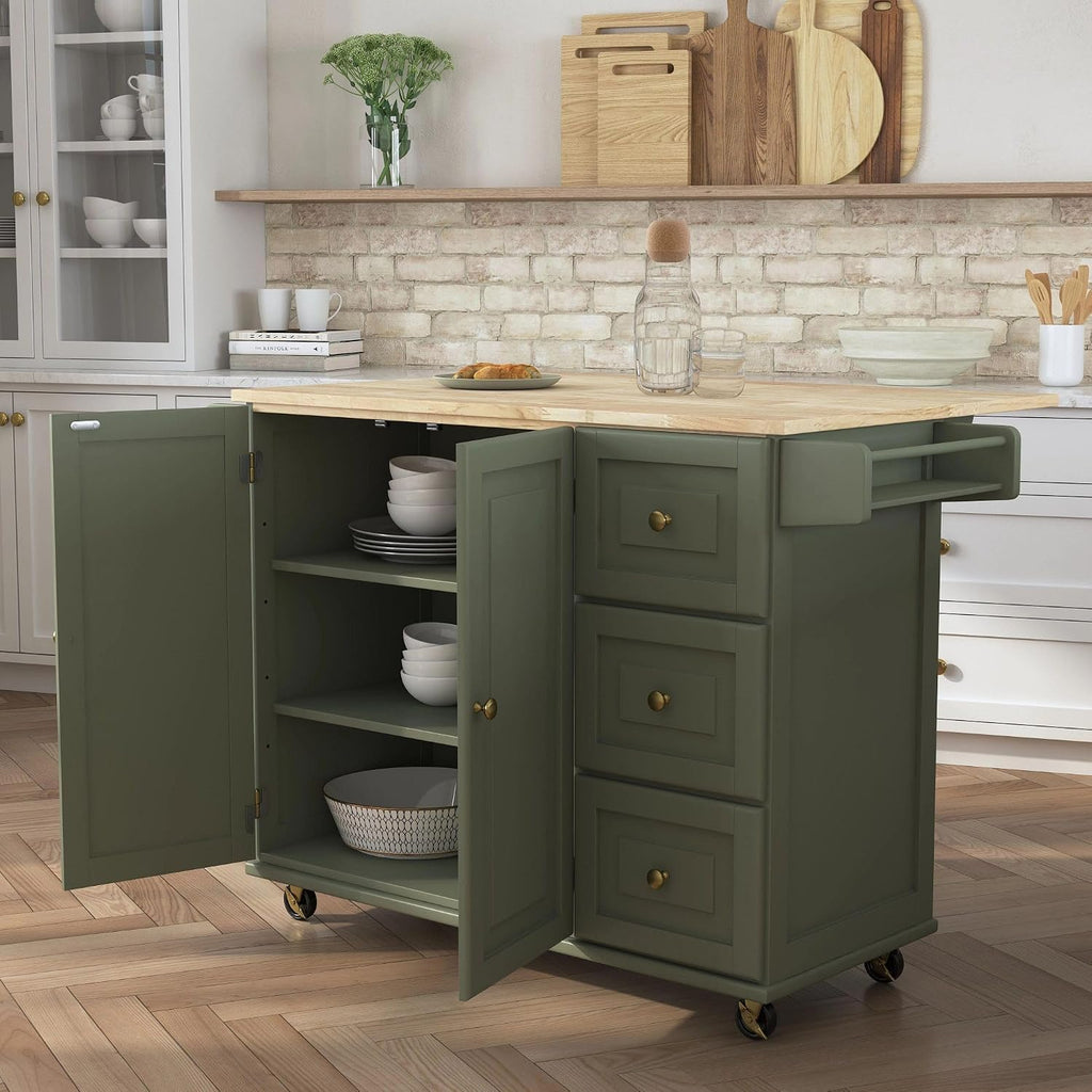 Green Wood Top Rolling Kitchen Island