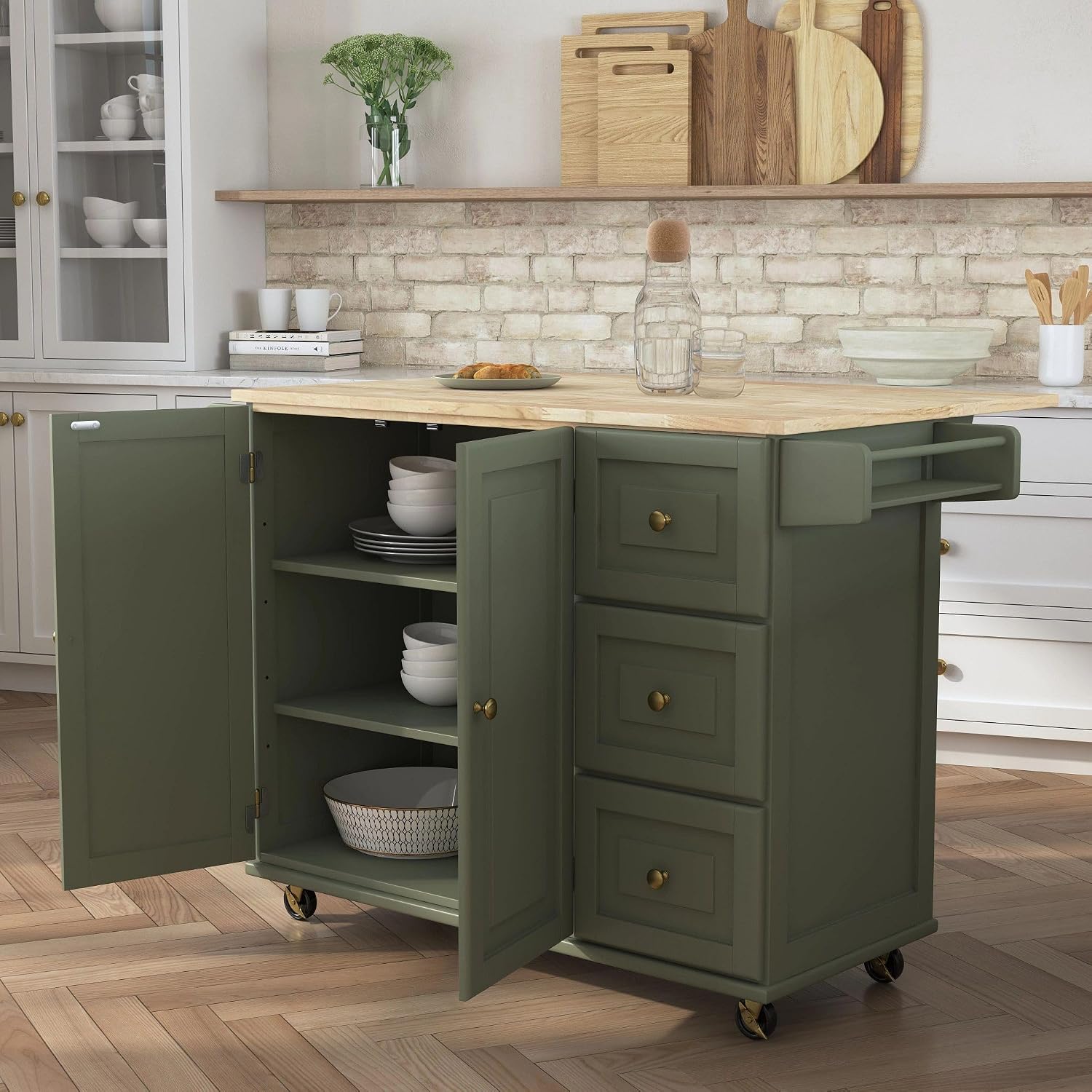 Green Wood Top Rolling Kitchen Island