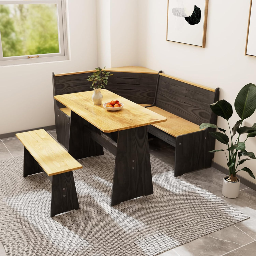 Jet-Black L Shaped Corner Breakfast Nook Dining Set