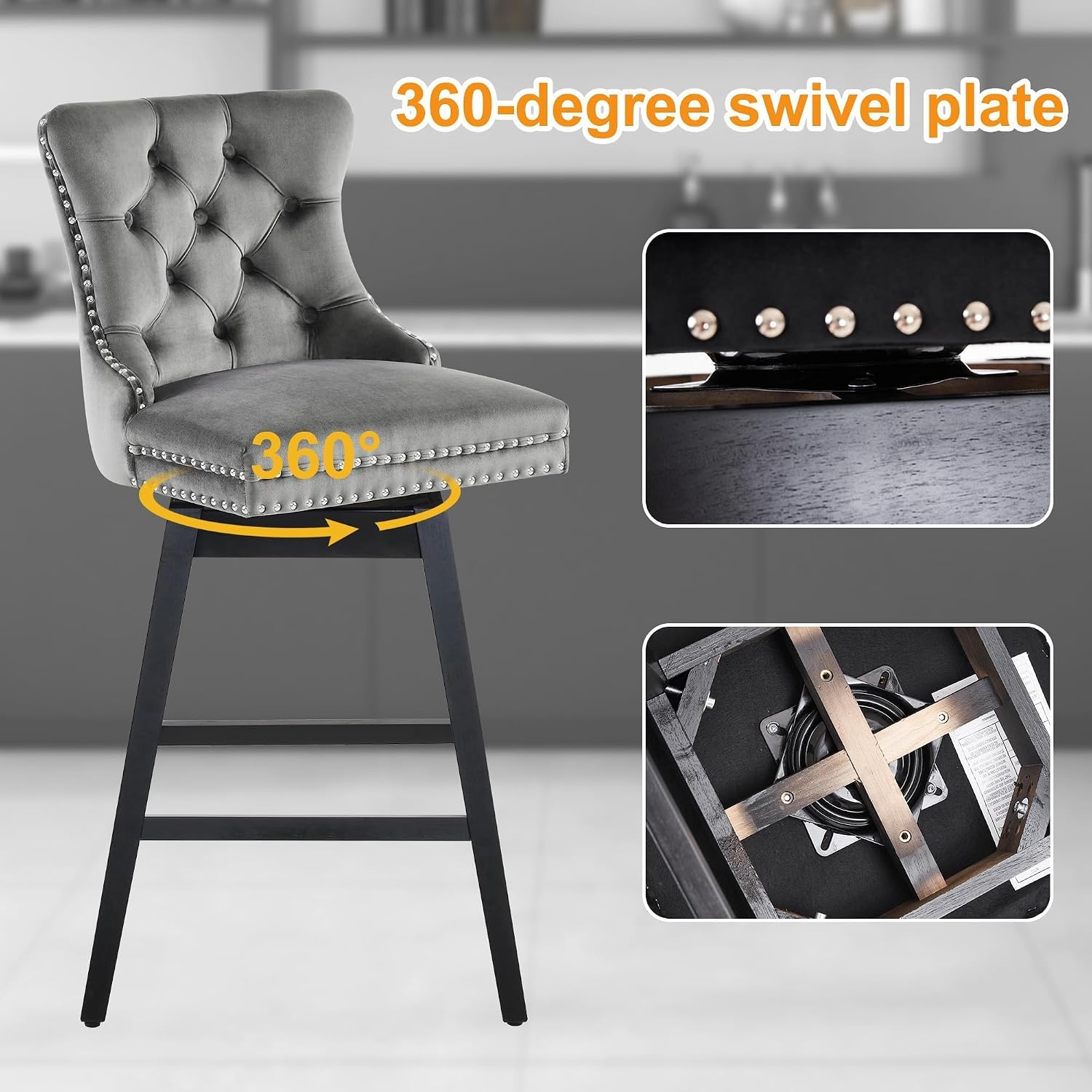 Grey Velvet Wood Swivel Bar Stools Set of 4