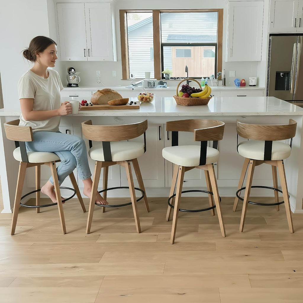 White Linen Swivel Bar Stools Set of 4