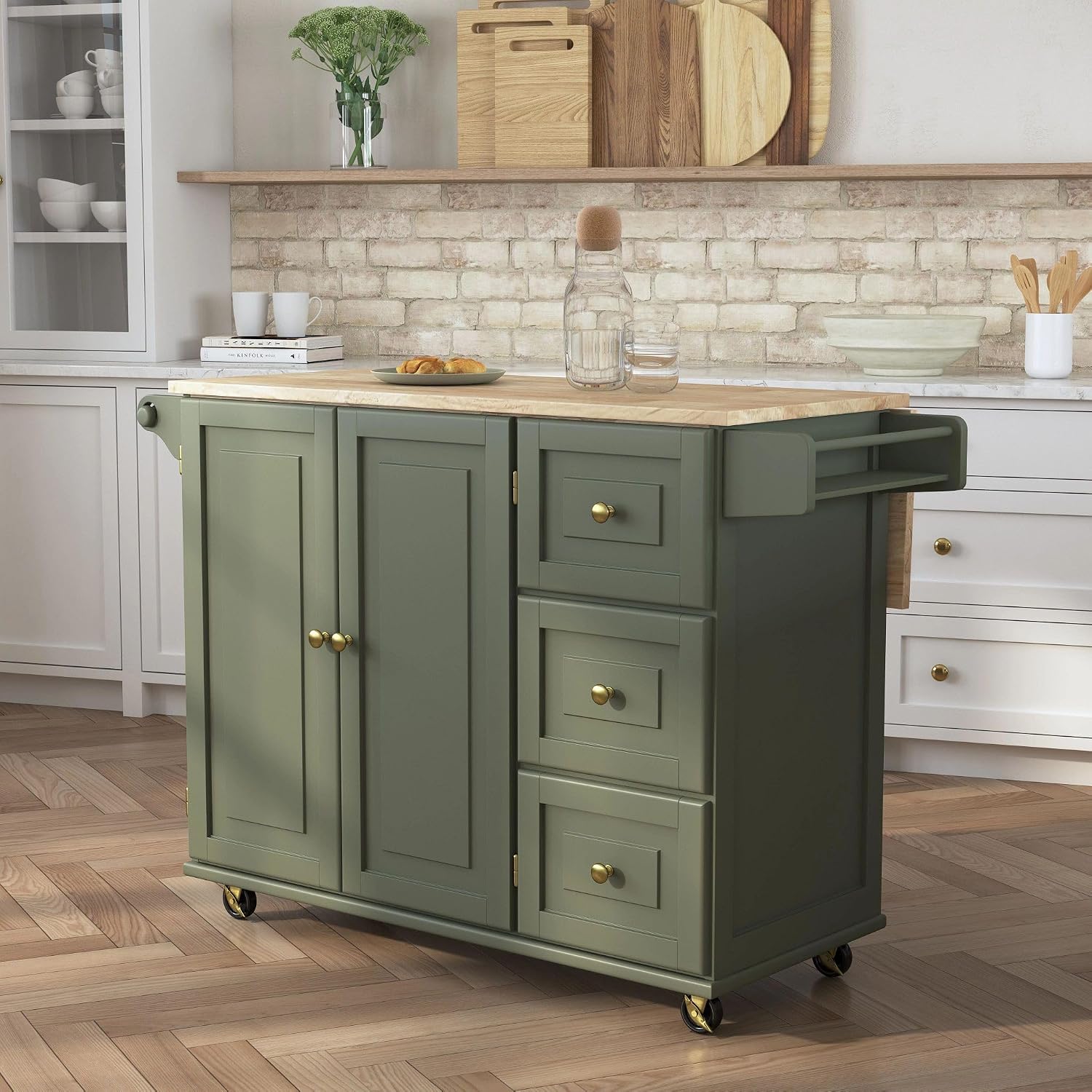 Green Wood Top Rolling Kitchen Island