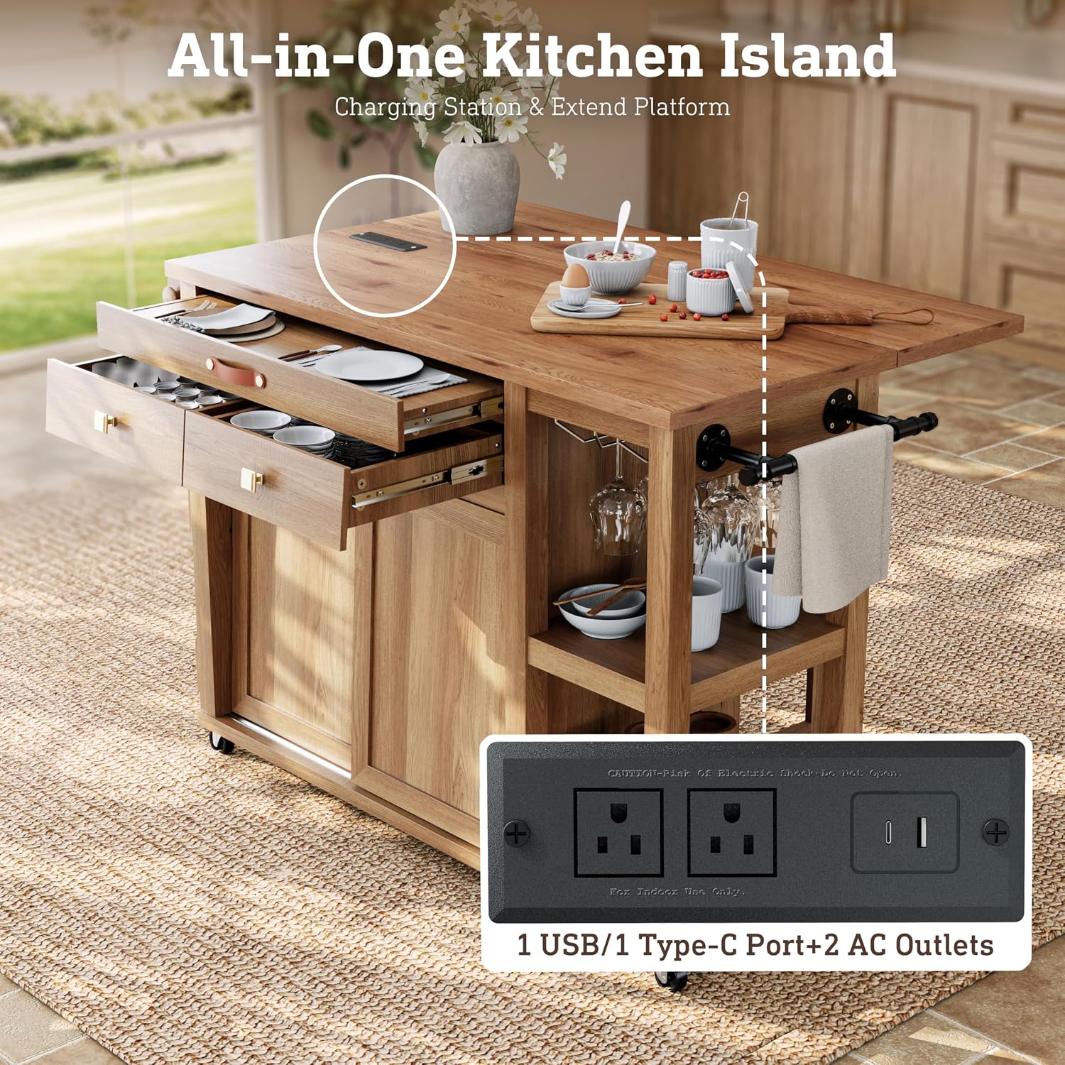 Natural Rolling Storage Kitchen Island