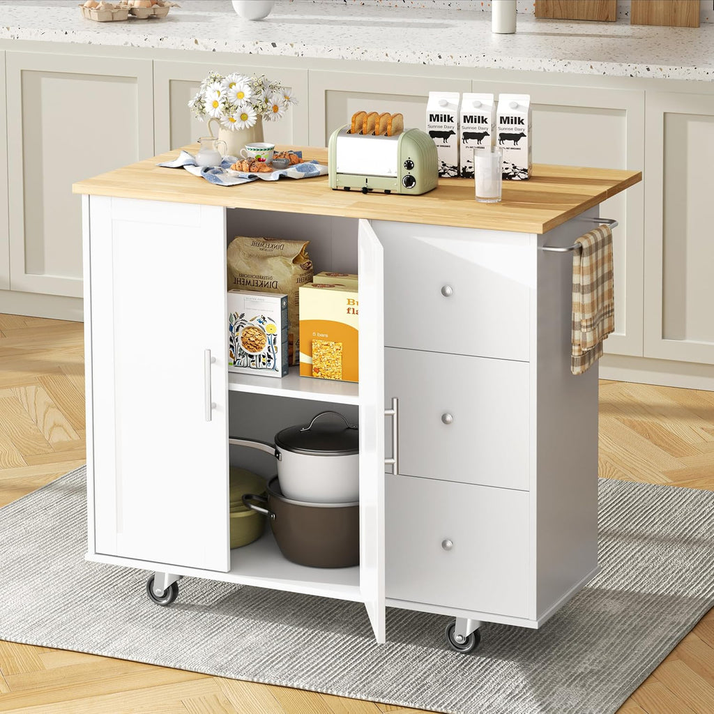 White Folding Drop Leaf Rolling Kitchen Island Cart