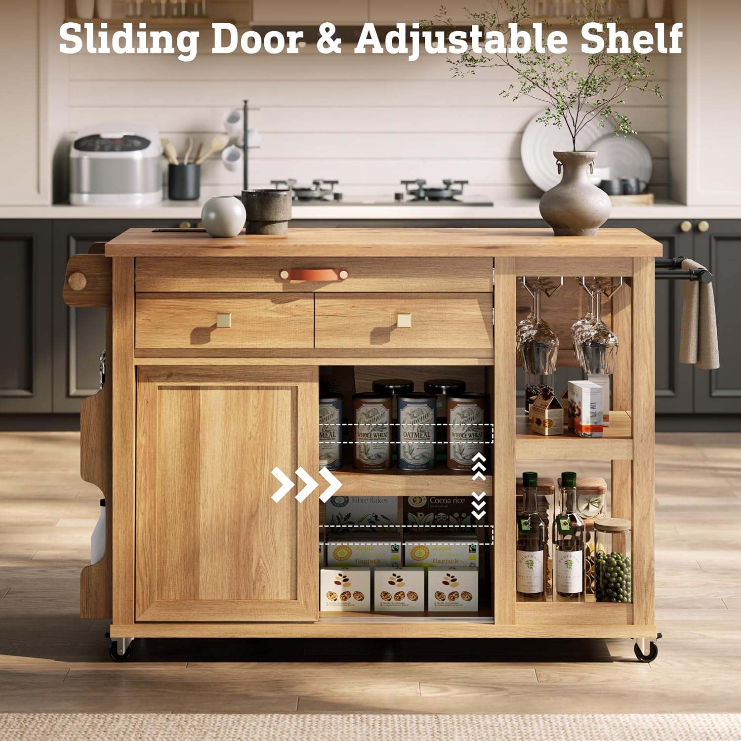 Natural Rolling Storage Kitchen Island