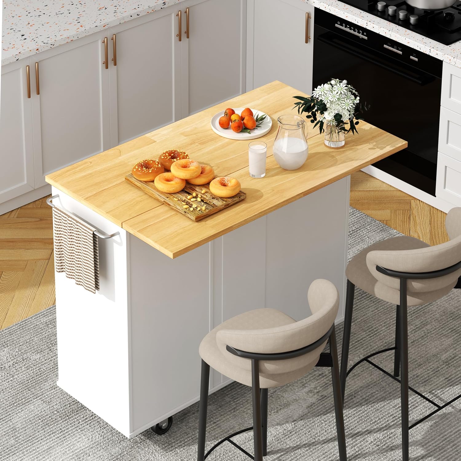 White Folding Drop Leaf Rolling Kitchen Island Cart
