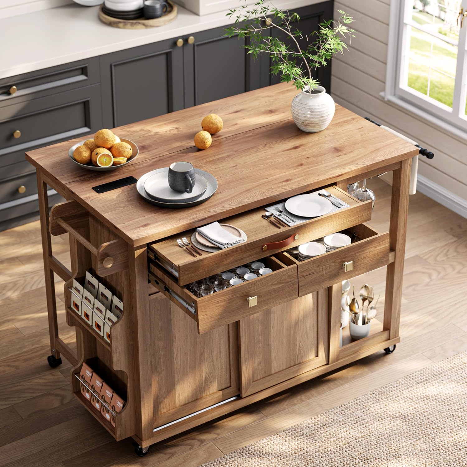 Natural Rolling Storage Kitchen Island