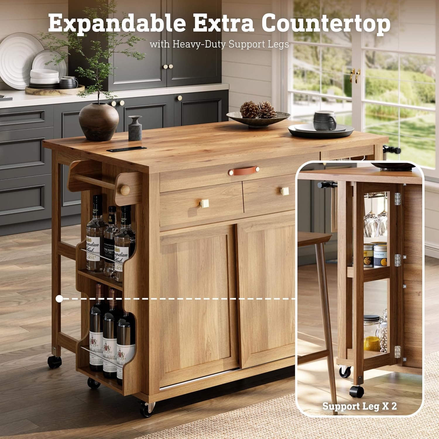 Natural Rolling Storage Kitchen Island